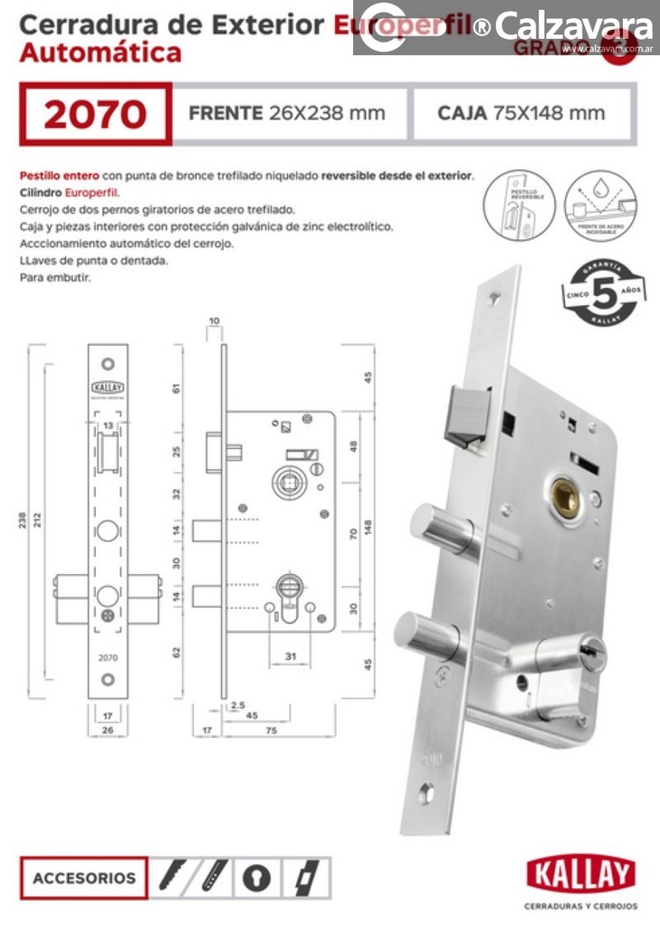CERRADURA KALLAY 2070 A/INOX S/CILIN