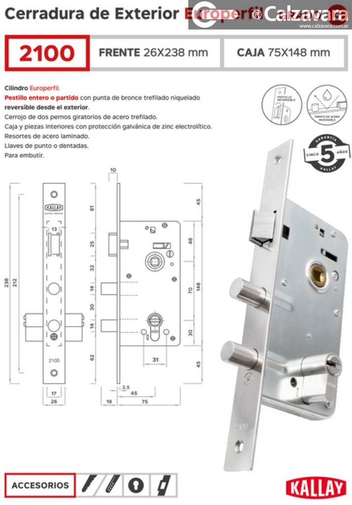 CERRADURA KALLAY 2100 SIN CILINDRO