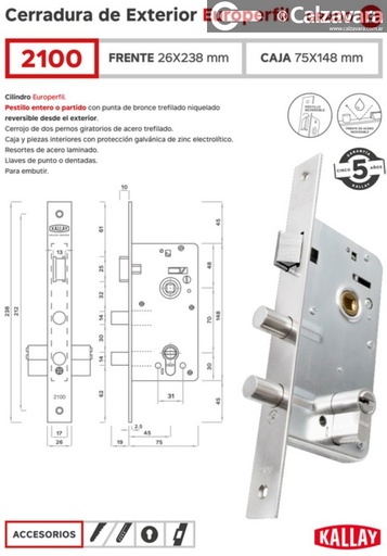 CERRADURA KALLAY 2100 SIN CILINDRO