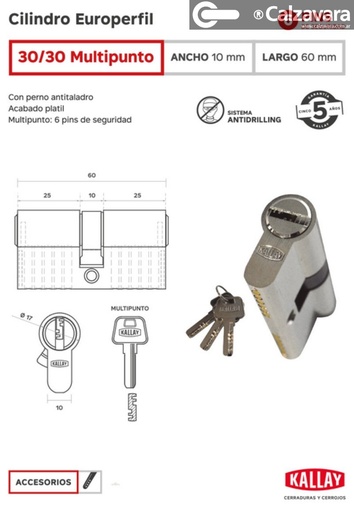 [05238001001] CILINDRO EUROPERFIL 30X30 KALLAY