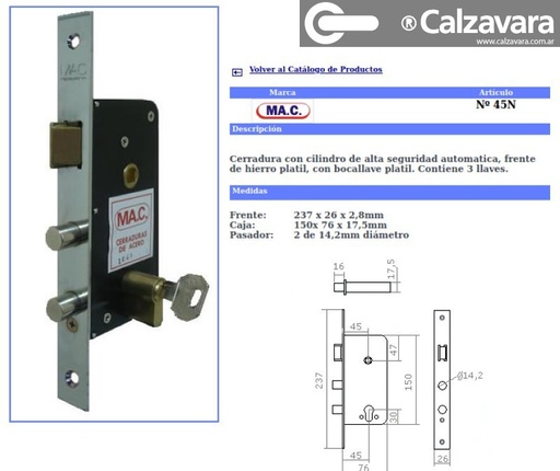 [05375001000] CERRADURA M.A.C. A45 AUTOM S/CILINDR